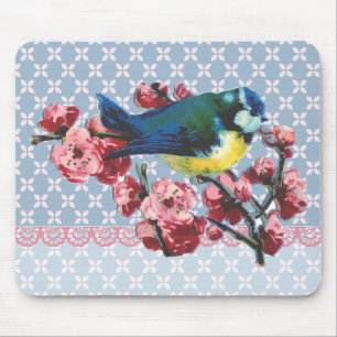 Mousepad Pássaro e flor de cerejeira azuis