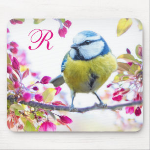 Mousepad Pássaro e monograma das flores do rosa