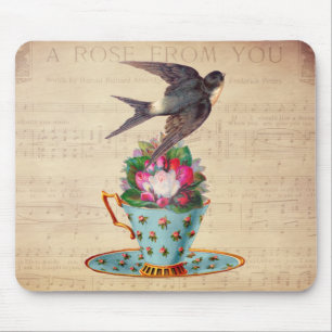 Mousepad Pássaro, rosas, e Teacup do vintage