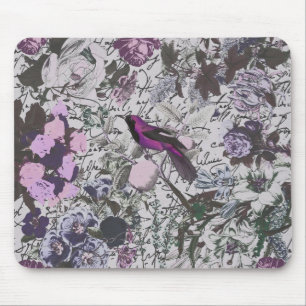 Mousepad Pássaro roxo do vintage e impressão floral com