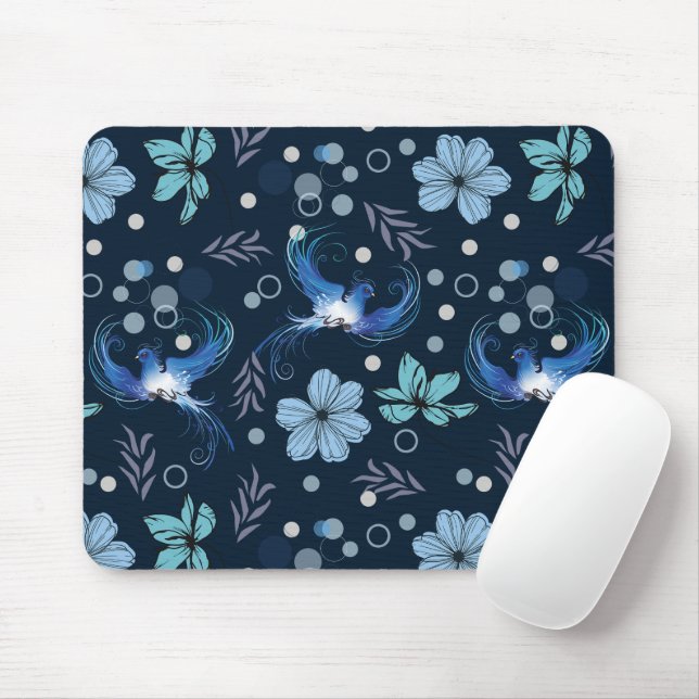 Mousepad Pássaros Azuis e Harmonia Floral Padrão Sem Costur (Com mouse)