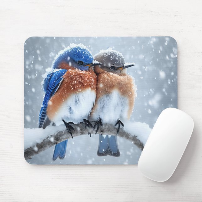 Mousepad Pássaros Azuis Orientais Na Neve (Com mouse)