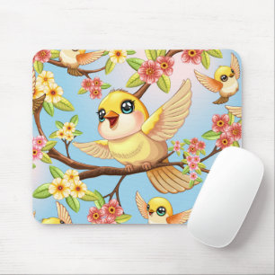 Mousepad Pássaros bonitos e felizes entre as flores da prim