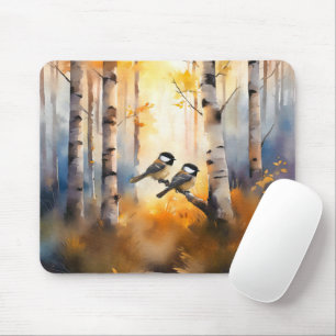 Mousepad Pássaros Cantores Chapim em uma Floresta de Outono