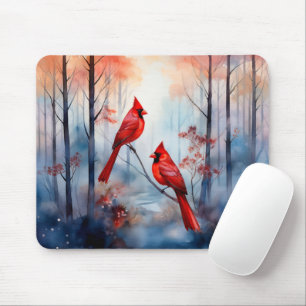 Mousepad Pássaros Cardinals Vermelhos em uma Floresta Nebul