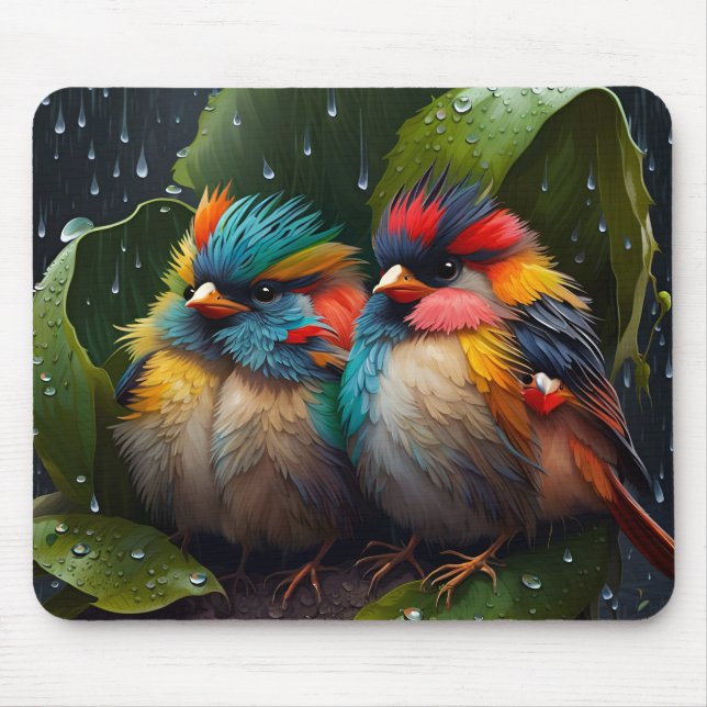 Mousepad Pássaros Coloridos Fluffy Adoráveis na chuva (Frente)