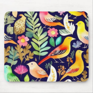 Mousepad Pássaros coloridos padrão floral decor azul
