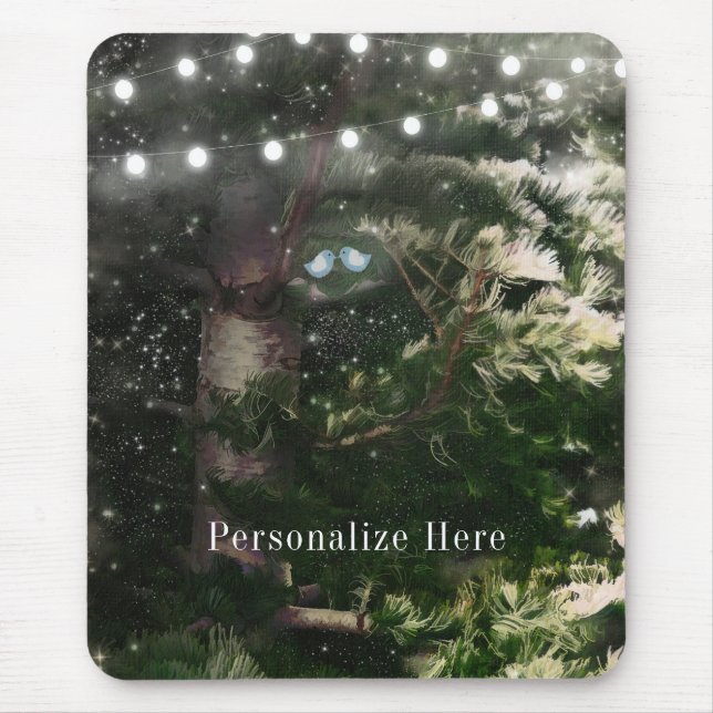 Mousepad Pássaros de Amor + Árvore de Pinheiro Noturno Rúst (Frente)
