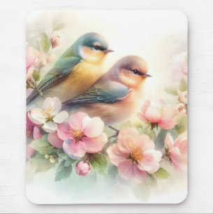 Mousepad Pássaros de Amor Doce Flor de Cerejeira Pastel Pri