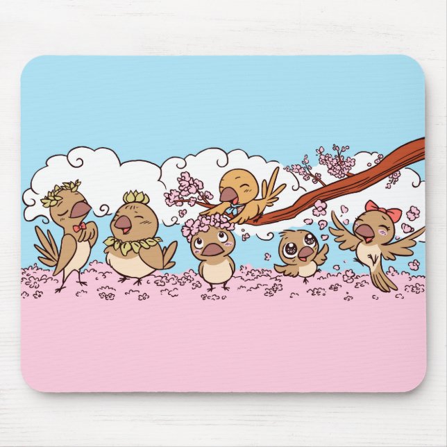 Mousepad Pássaros dos passarinhos com as flores cor-de-rosa (Frente)