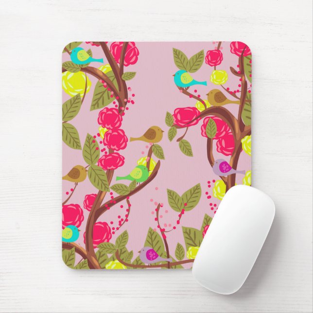 Mousepad Pássaros e flores do estilo vegetativo (Com mouse)