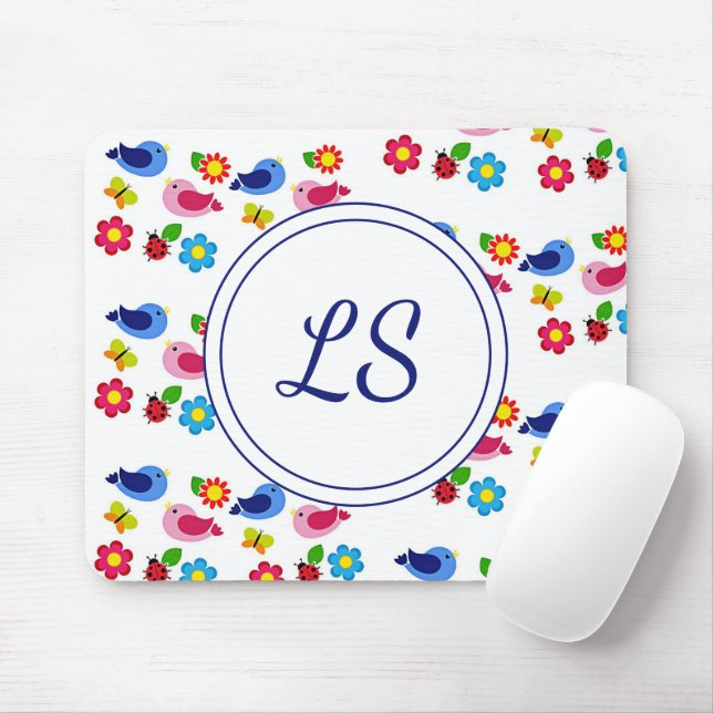 Mousepad Pássaros e flores, primavera, brancos (Com mouse)