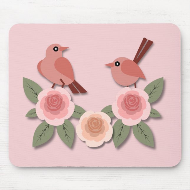 Mousepad Pássaros e Rosas de flores, cor-de-rosa, (Frente)