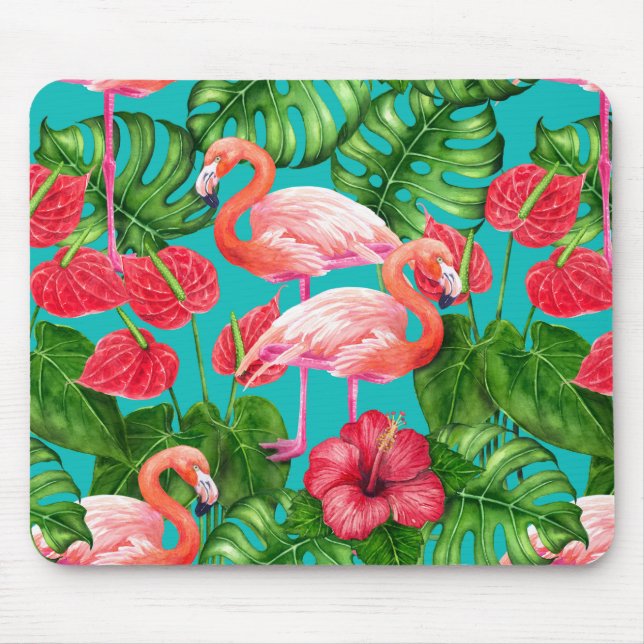 Mousepad Pássaros Flamingo e aquarela de jardim tropical (Frente)