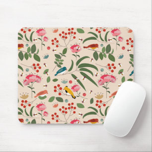 Mousepad Pássaros Florais De Mão Desenhados Padrão De Abelh