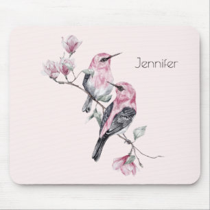 Mousepad Pássaros rosa e pretos em uma ramificação de árvor