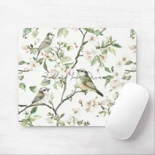 Mousepad Pássaros Verdes Flores Brancas Árvore