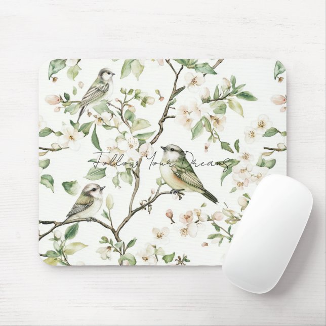 Mousepad Pássaros Verdes Flores Brancas Árvore (Com mouse)