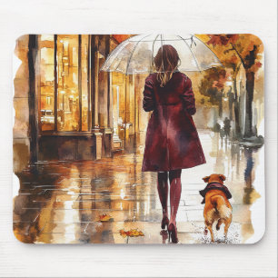 Mousepad Passeio de Dia Chuvoso Menina Cachorro Casaco Burg