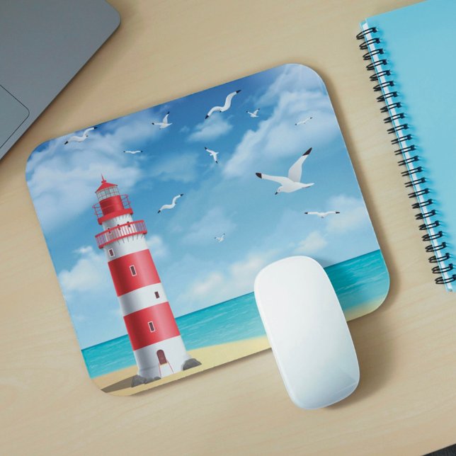 Mousepad Passeio de mesa com farol de praia e gaivota (Criador carregado)