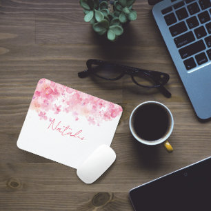 Mousepad Pasta de mouse floral com nome cor-de-rosa com aqu