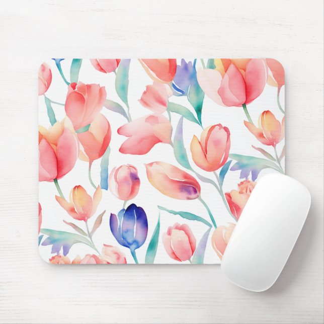 Mousepad Pasta de Mouse Padrão das Tulipas de Aquarela (Com mouse)