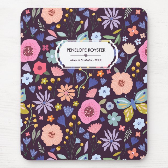 Mousepad Pasta de Rato com Nome e Padrão Floral Pastéis e A (Frente)