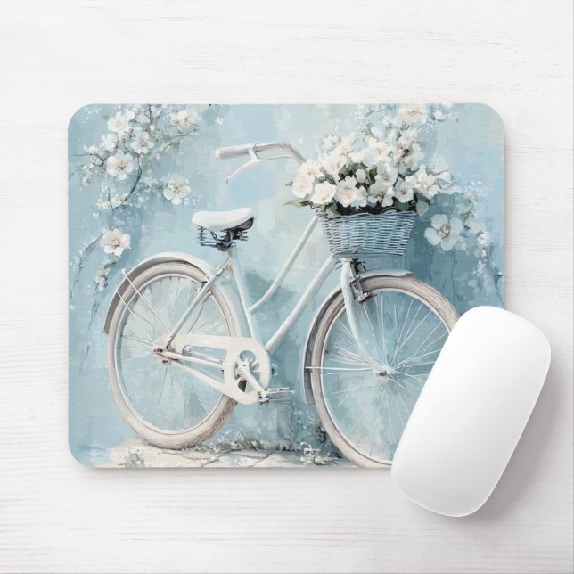 MOUSEPAD PASTEL BLUE WITH WHITE FLOWERS AND BICYCLE (Com mouse)
