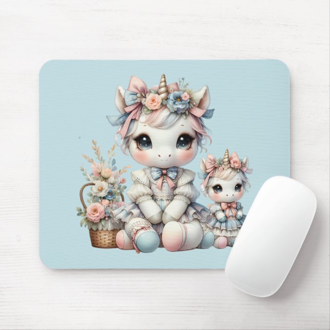 Mousepad Pastel Kawaii Unicorn Mãe Filha Duo Azul (Com mouse)
