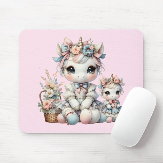 Mousepad Pastel Kawaii Unicorn Mãe Filha Duo Rosa (Com mouse)
