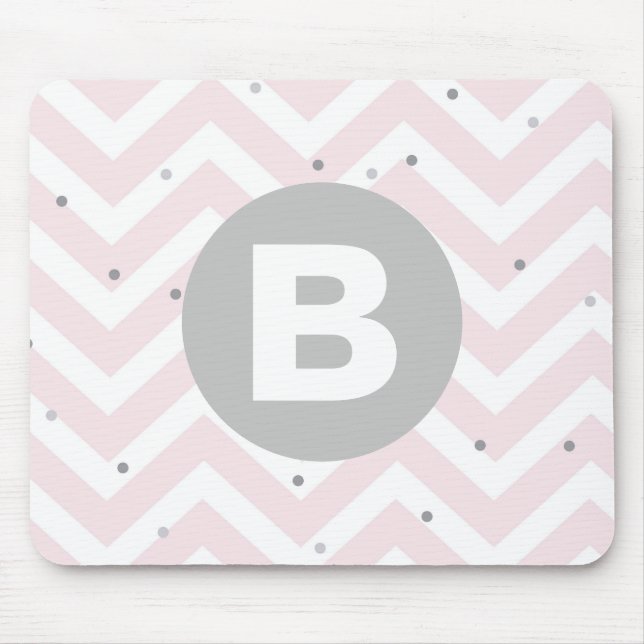 Mousepad Pastel Pink Chevron and Dots Grey Monogram (Frente)