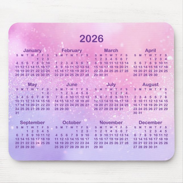 Mousepad Pastel Pink Purple Glitter 2026 Calendar (Frente)