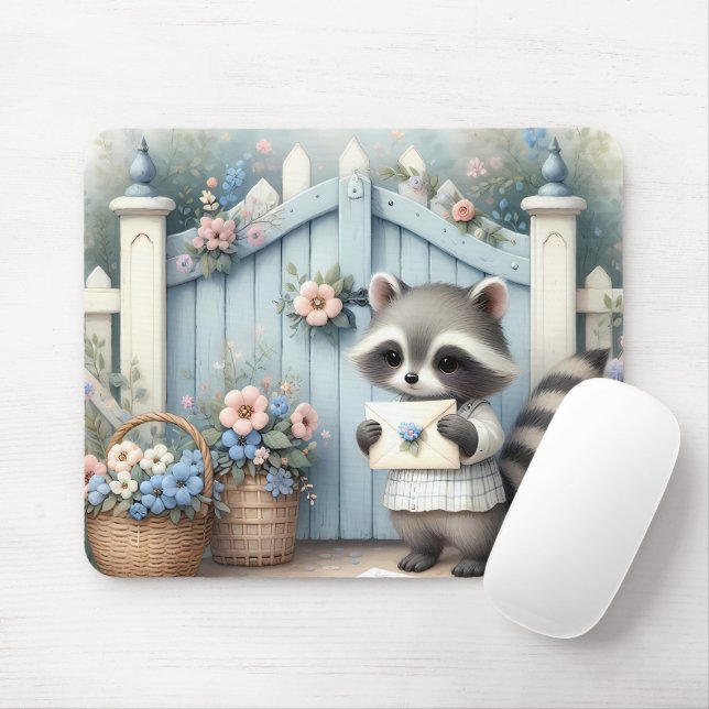 Mousepad Pastel Raccoon Letter Garden (Com mouse)