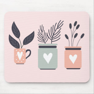 Mousepad Pastel, rosa e cinzas, plantas modernas potes