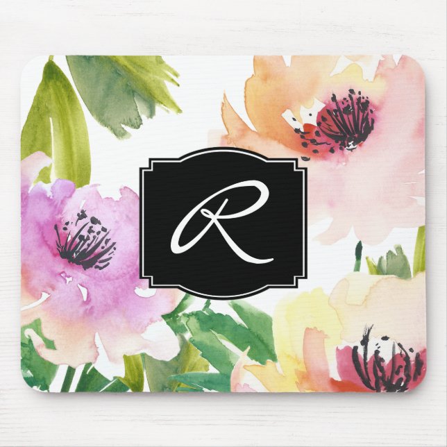 Mousepad Pastel Watercolor Floral Monograma (Frente)