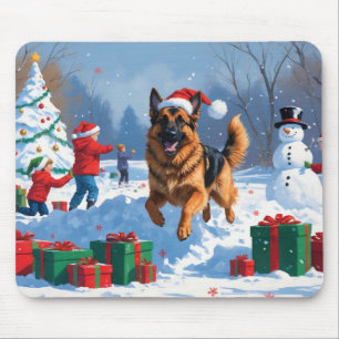 Mousepad Pastor Alemão Correndo na Neve com Chapéu de Natal