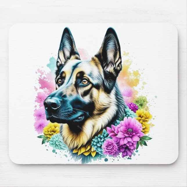 Mousepad Pastor Alemão em Flores Rosa e Amarela (Frente)