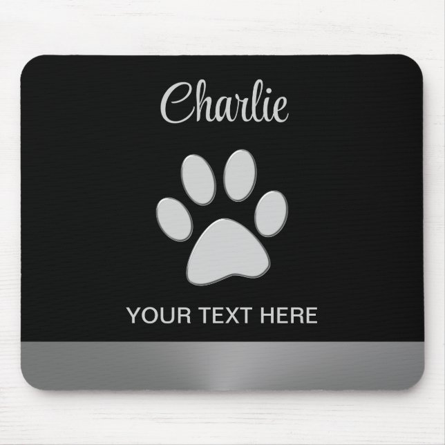 Mousepad Pata de Cachorro de Prata sobre fundo preto (Frente)