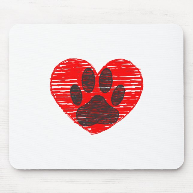 Mousepad Pata De Cães Desenhada No Coração Vermelho (Frente)