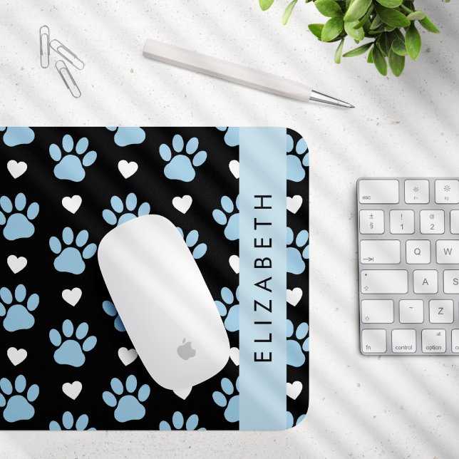 Mousepad Patas-Cães, Patas Azuis, Corações Brancos, Seu Nom (Criador carregado)