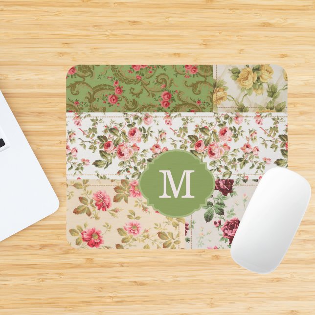Mousepad Patchwork Rose Monograma Personalizado (Criador carregado)