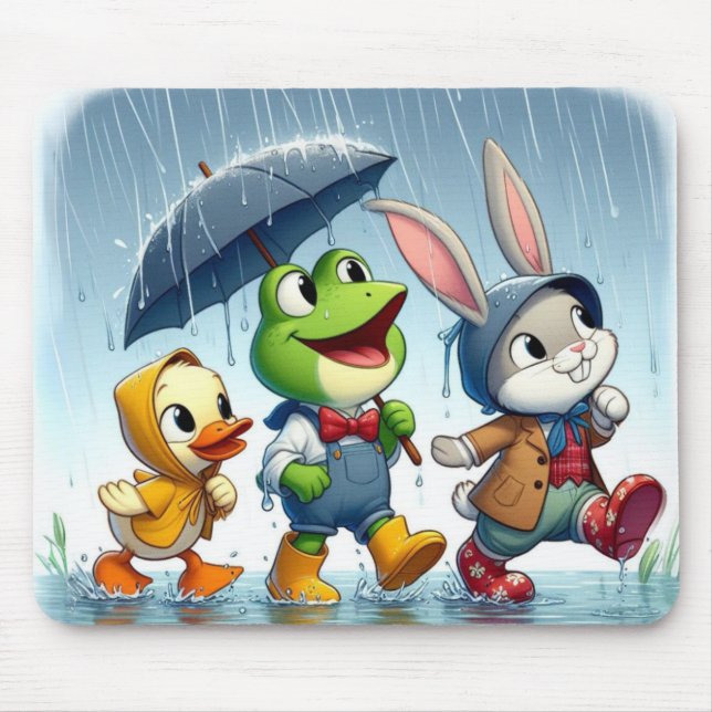 Mousepad Pato bonito, sapo, coelho na chuva (Frente)