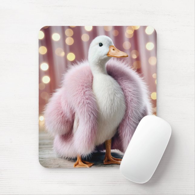Mousepad Pato branco Vestindo Casaco de pele cor-de-rosa (Com mouse)