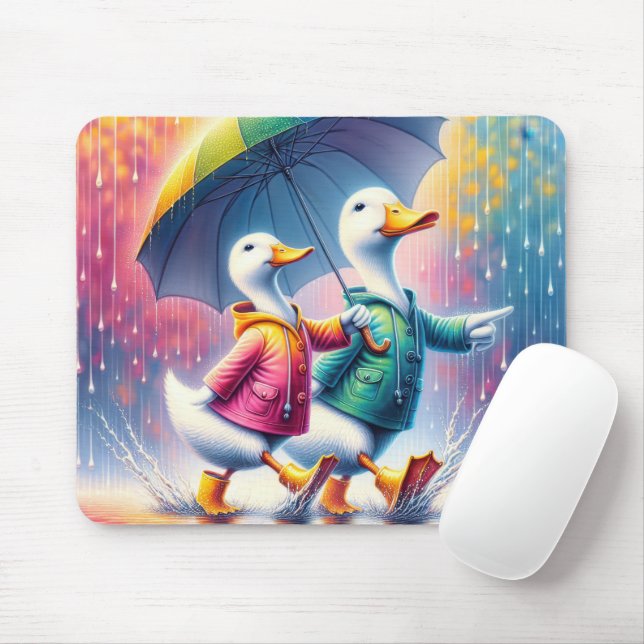 Mousepad Patos Brancos Andando Na Chuva (Com mouse)