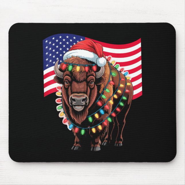 Mousepad Patriotic Bison Buffalo Christmas Usa Flag Holiday (Frente)