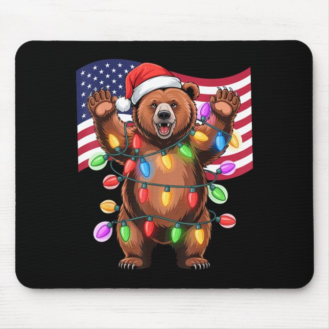 Mousepad Patriotic Christmas Grizzly Bear Holiday Light San (Frente)