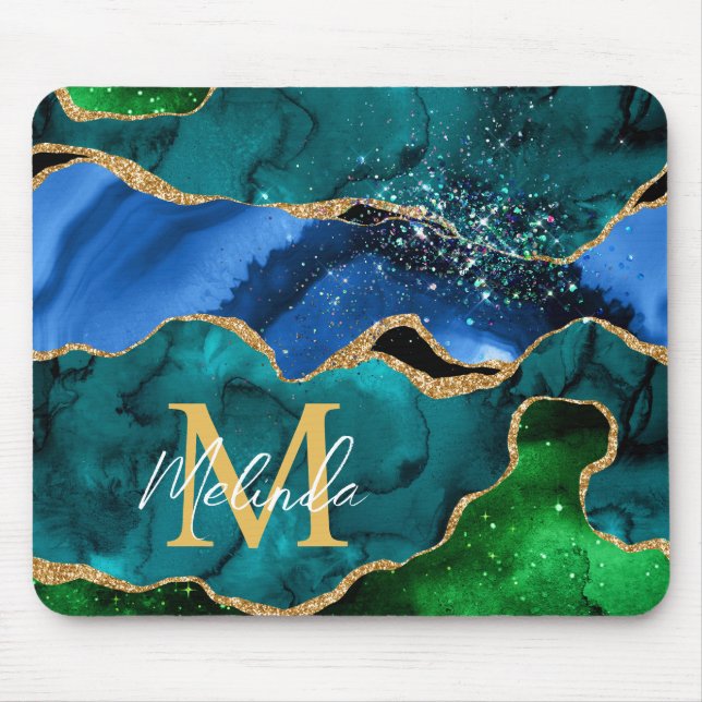 Mousepad Pavão Azul e Verde Falso Brilho Ágata (Frente)
