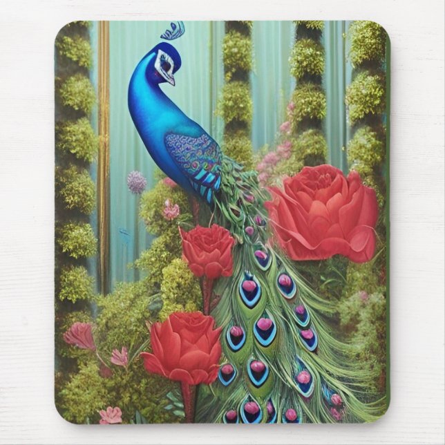 Mousepad Pavão Azul no Rosa e Jardim Fern (Frente)
