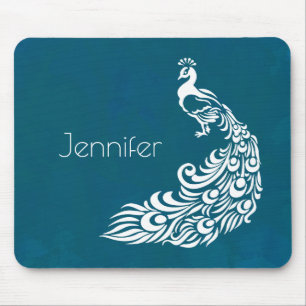 Mousepad Pavão branco no design à moda chique do art deco