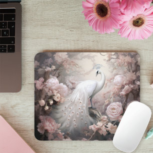 Mousepad Pavão branco romântico e flores cor-de-rosa esmaga